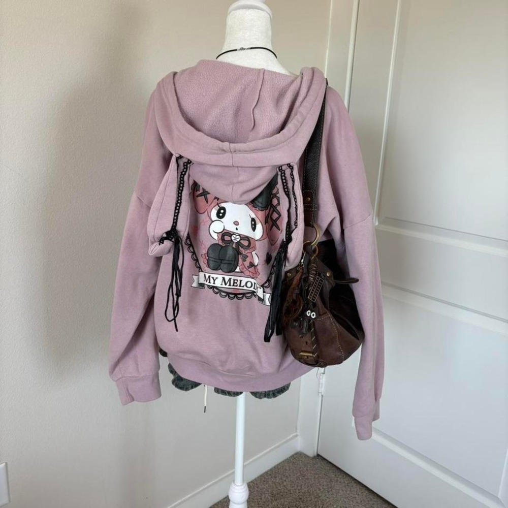 Pink My Melody zip-up hoodie with lace trim + bunny ears • *